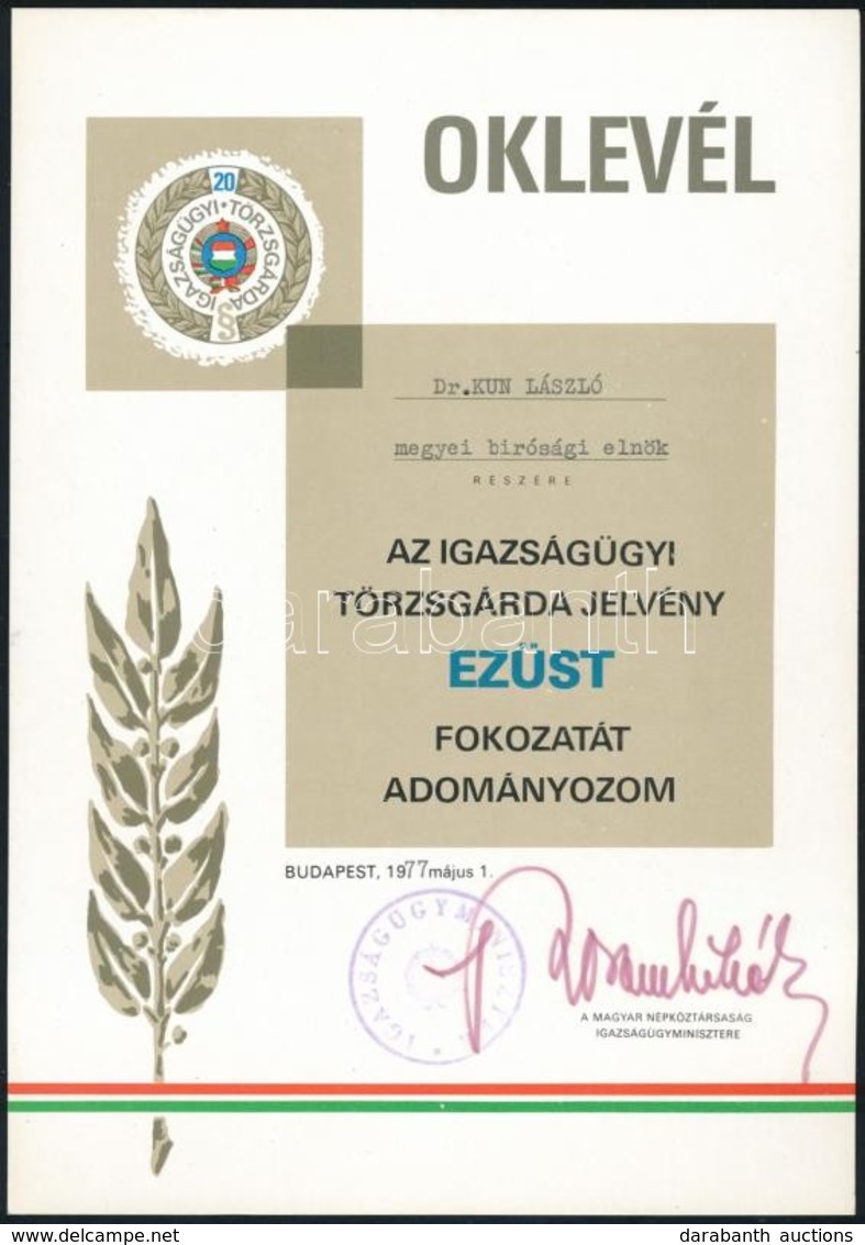 1977 Igazságügyi Törzsgárda Okirat Leendő Miniszterhelyettes Részére Korom Mihály Igazságügyminiszter Aláírásával - Other & Unclassified