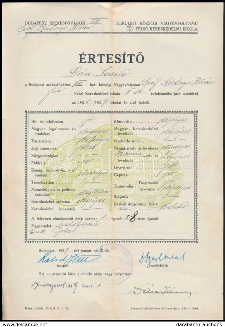 1939 Bp., Szerb Antal (1901-1945) író Aláírása Iskolai értesítőn - Other & Unclassified