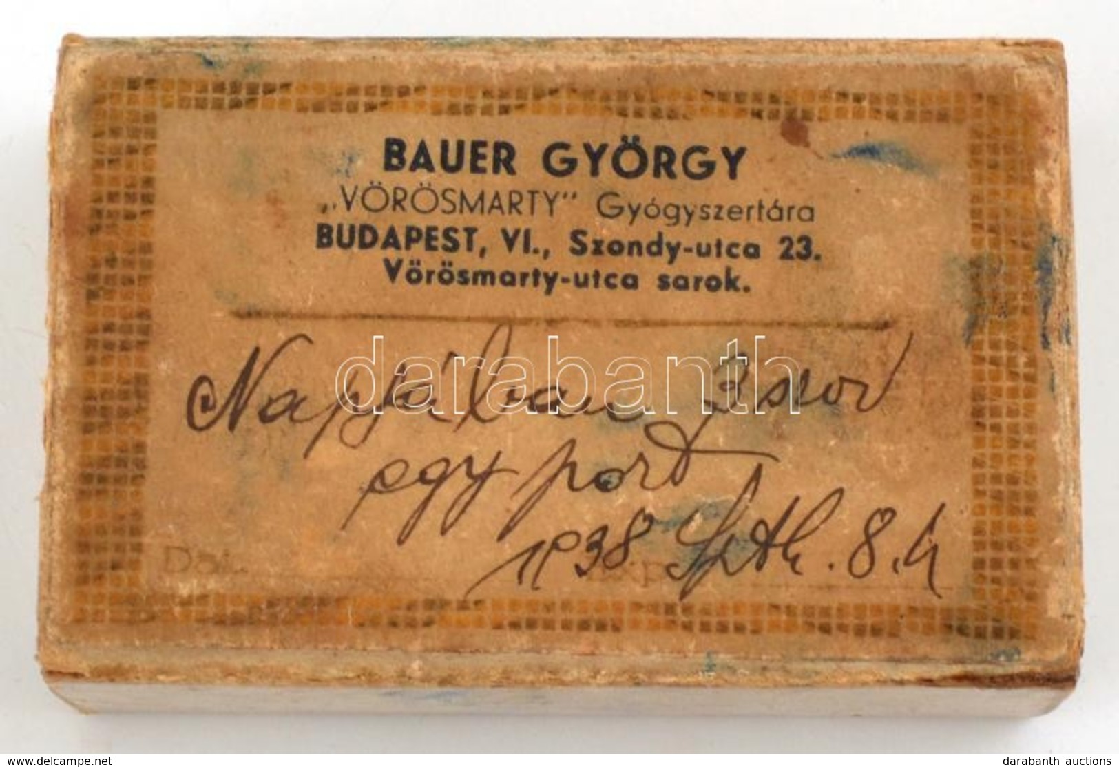 Bauer György 'Vörösmarty' Gyógyszertára (Bp. VI. Szondi Utca) Kartondoboza, 4×7×2 Cm - Werbung