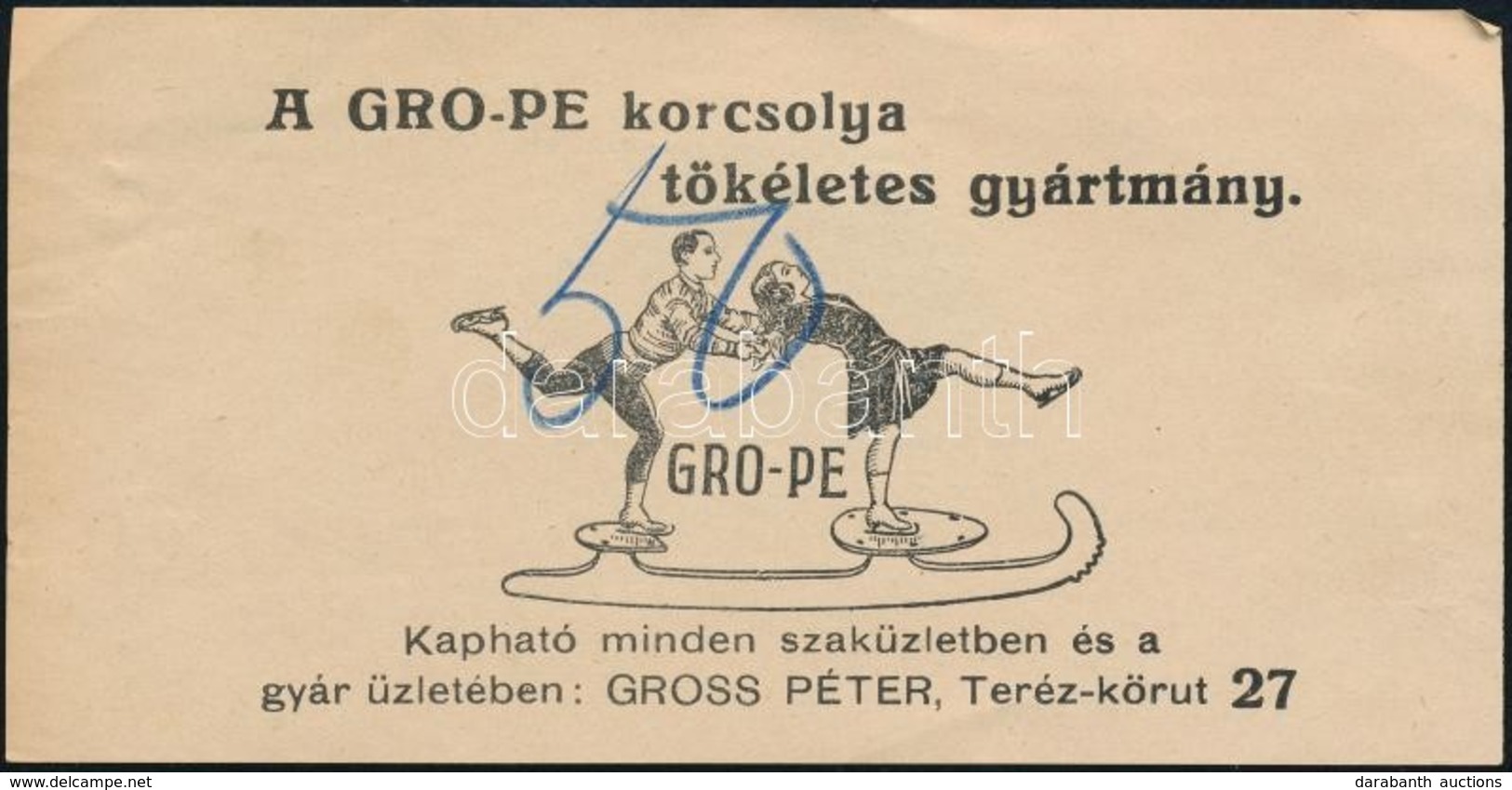 Gro-Pe Korcsolya, Gross Péter Budapesti üzletében - Számolócédula - Werbung