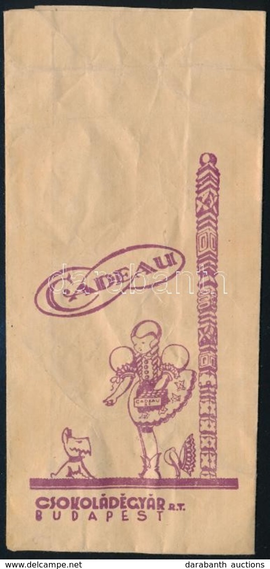 1930 Cadeau Csokoládégyár Rt. Budapest Papírzacskója, Hátoldalon A Saját Kezelésű Fiókok Listájával - Advertising