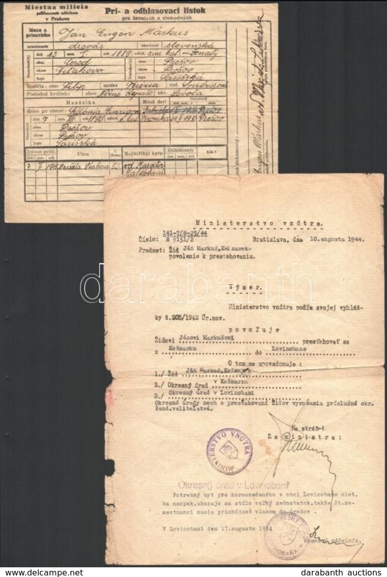 1944 Áttelepülési Engedély Szlovák Zsidó Részére Késmárkról Lónyabányára - Other & Unclassified