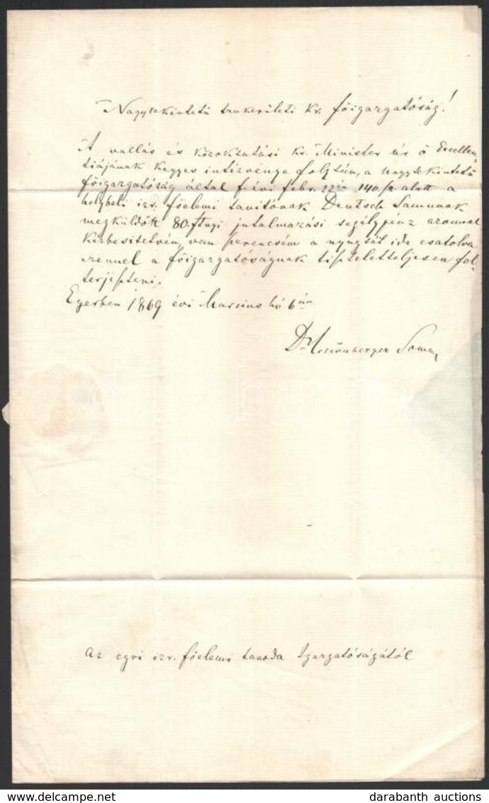 1869 Egri Izraelita Főelemi Tanoda Igazgatójának Saját Kézzel Aláírt Levele - Sonstige & Ohne Zuordnung