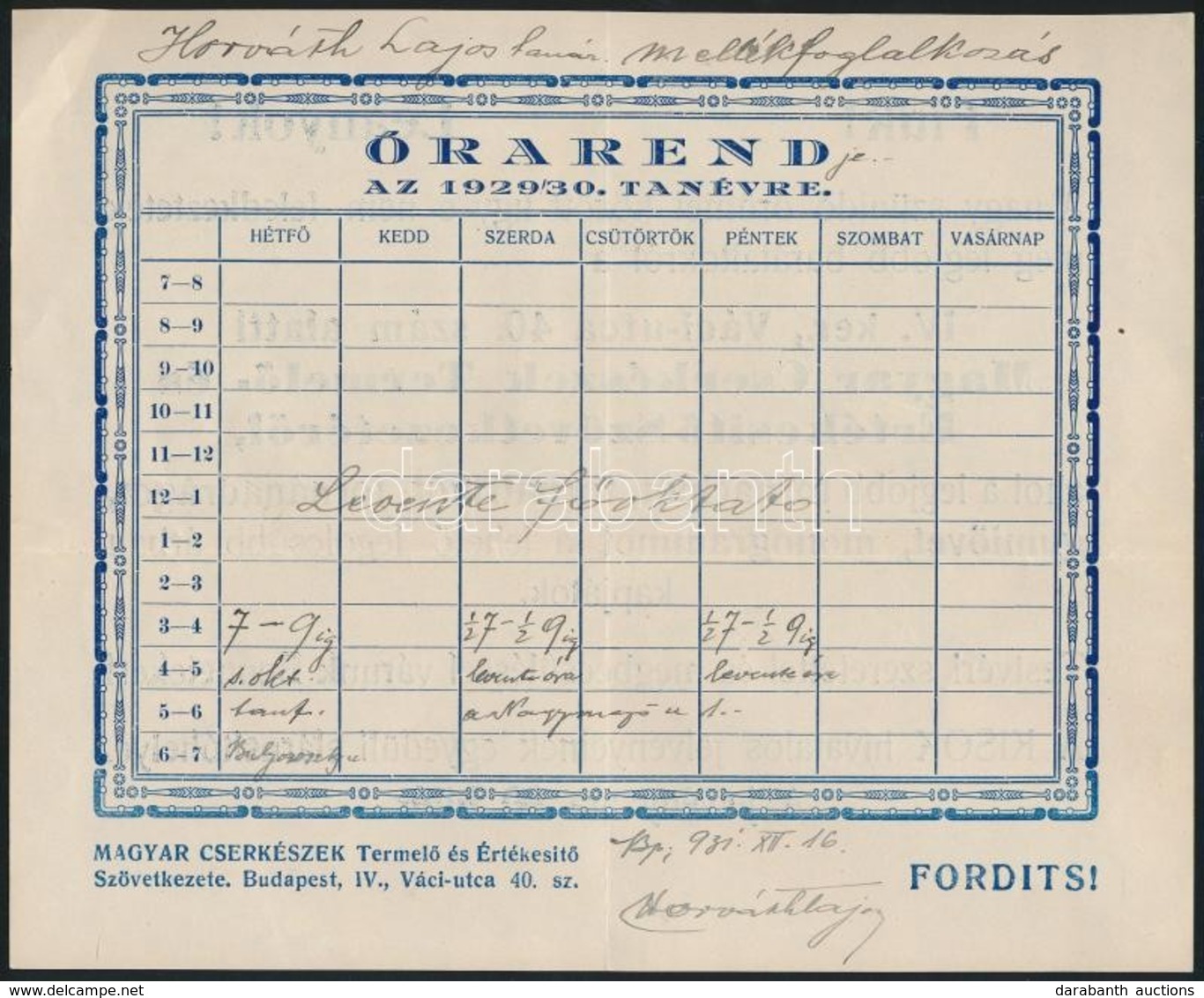 1930 Magyar Cserkészek Termelő- és Értékesítő Szövetkezetének órarendje - Pfadfinder-Bewegung