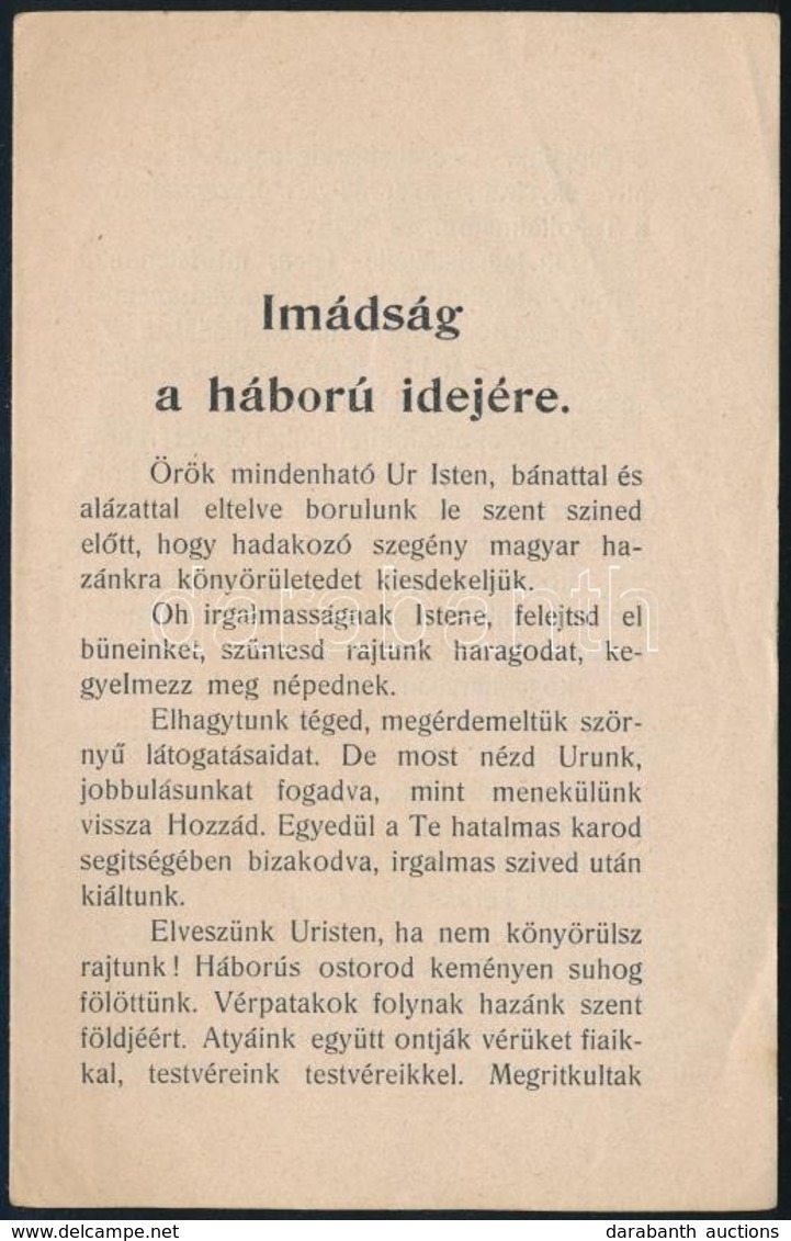 Cca 1916 Imádság A Háború Idejére Nyomtatvány - Sonstige & Ohne Zuordnung