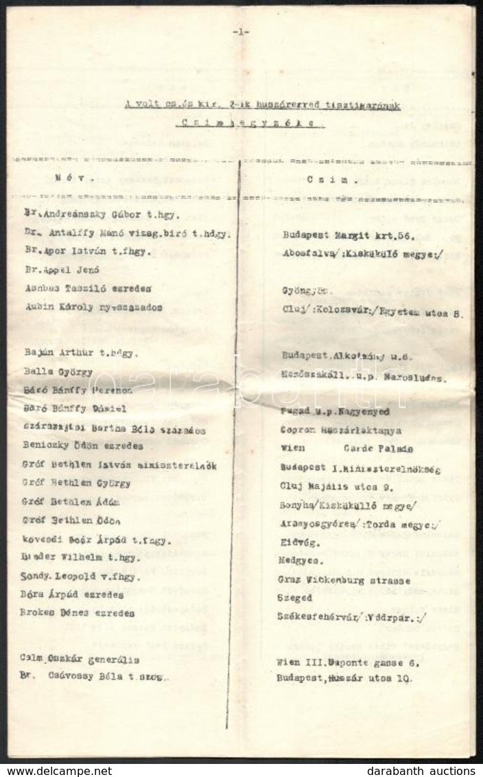 Cca 1920-1930 A Volt Cs. és Kir. 2. Huszárezred Tisztikarának Címjegyzéke, Rajta Gróf Bethlen István Miniszterelnök, Fáy - Other & Unclassified
