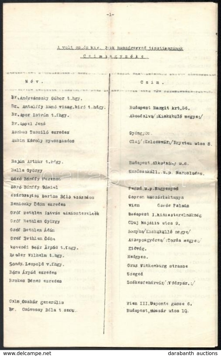 Cca 1920-1930 A Volt Cs. és Kir. 2. Huszárezred Tisztikarának Címjegyzéke, Rajta Gróf Bethlen István Miniszterelnök, Fáy - Sonstige & Ohne Zuordnung