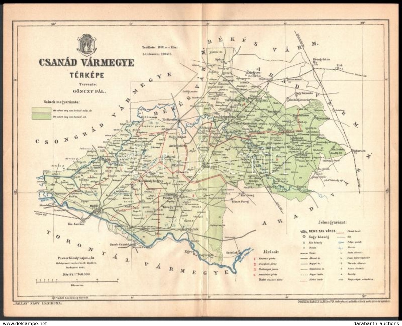1893 Csanád Vármegye Térképe, Készült: Posner Károly Lajos és Fia, 24×30 Cm - Sonstige & Ohne Zuordnung