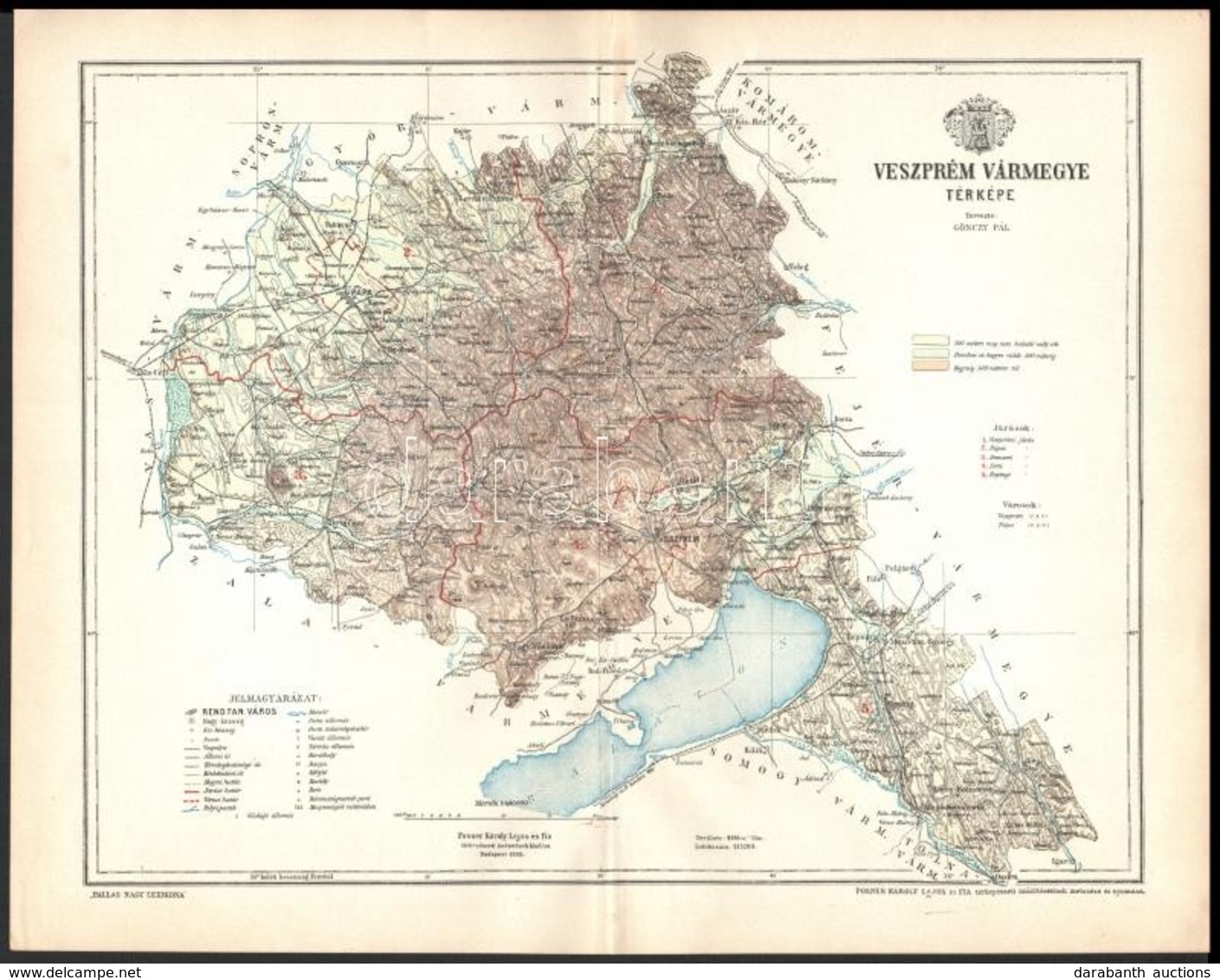 1893 Veszprém Vármegye Térképe, Tervezte: Gönczy Pál, Készült: Posner Károly Lajos és Fia, 24×30 Cm - Other & Unclassified