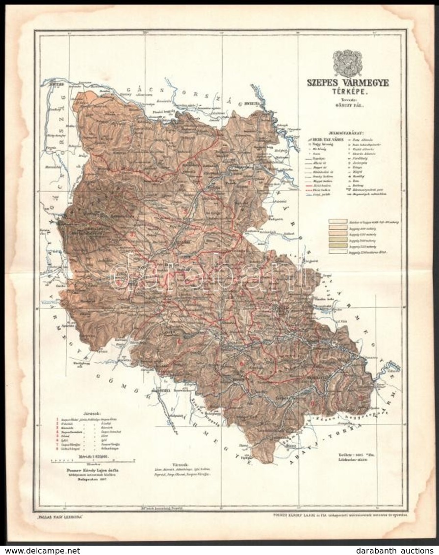 1897 Szepes Vármegye Térképe, Tervezte: Gönczy Pál, Készült: Posner Károly Lajos és Fia, 24×30 Cm - Sonstige & Ohne Zuordnung