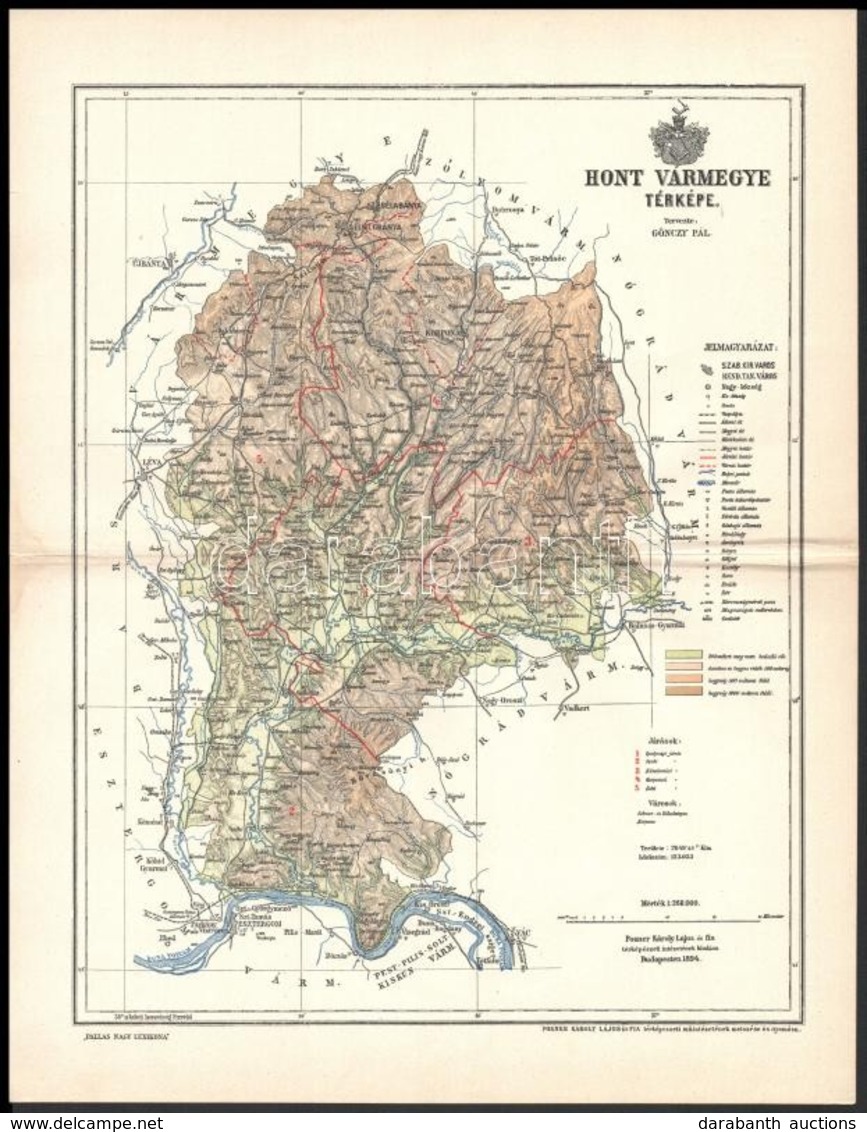 1894 Hont Vármegye Térképe, Tervezte: Gönczy Pál, Készült: Posner Károly Lajos és Fia, 24×30 Cm - Other & Unclassified