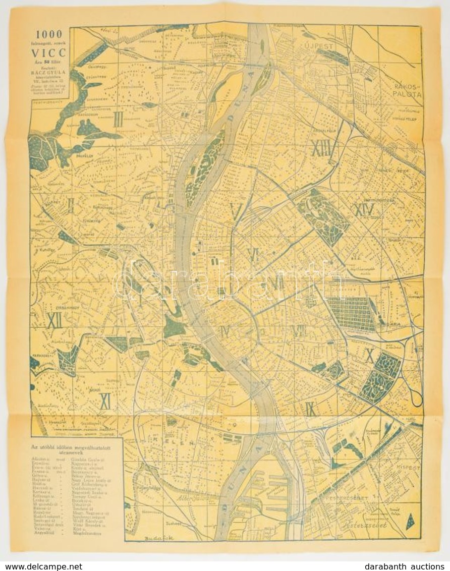 Cca 1940 Budapest Térképe Utcajegyzékkel, Jó állapotban 50x40 Cm - Other & Unclassified