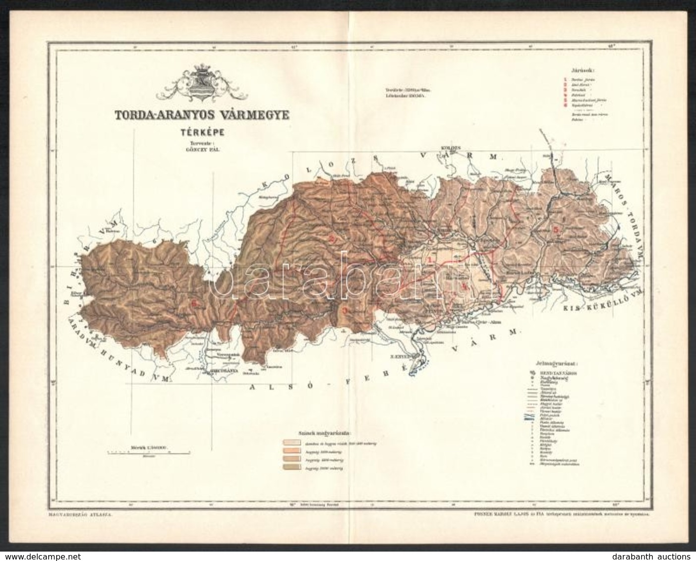 Cca 1893 Torda-Aranyos Vármegye Térképe, Tervezte: Gönczy Pál, Készült: Posner Károly Lajos és Fia, 24×30 Cm - Other & Unclassified