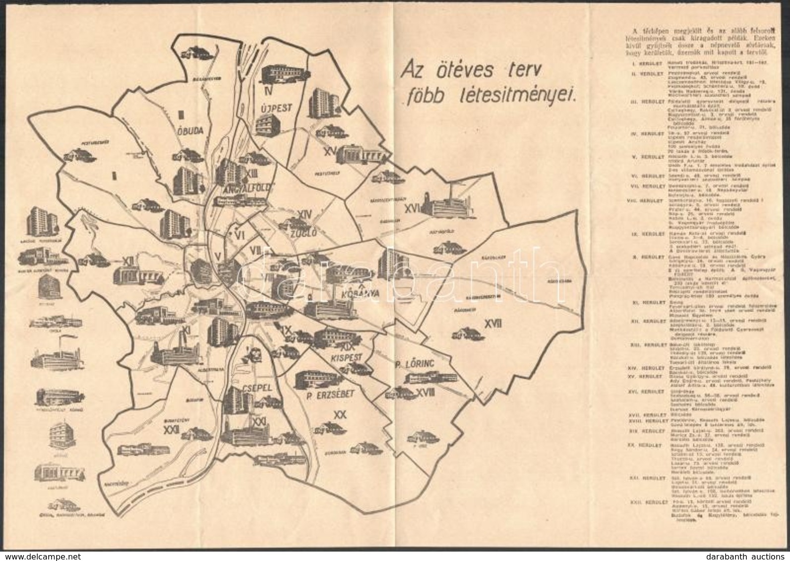 Az ötéves Terv Főbb Eseményei - Budapest Térkép, Leírással, Hajtott, 28×40 Cm - Other & Unclassified