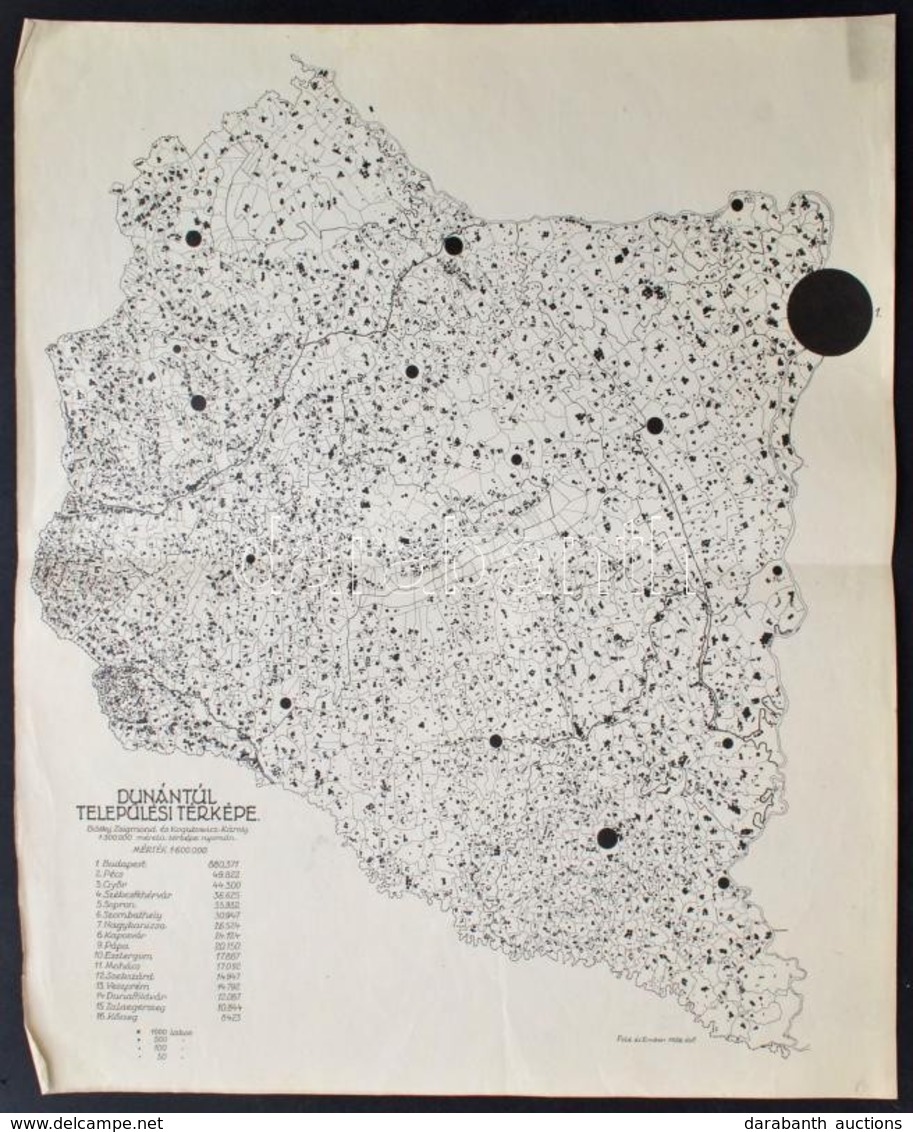 1926 A Dunántúl Települési Térképe. Bátky Zsigmond és Kogutowitz Károly Nyomán, 1:600.000, Kis Gyűrődéssel A Széleken, H - Other & Unclassified
