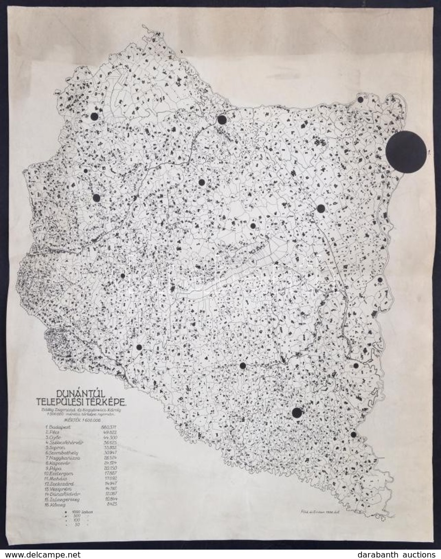 1926 Bátky-Kogutowitz: A Dunántúl Települési Térképe. 1:600 000. 44x55 Cm - Other & Unclassified