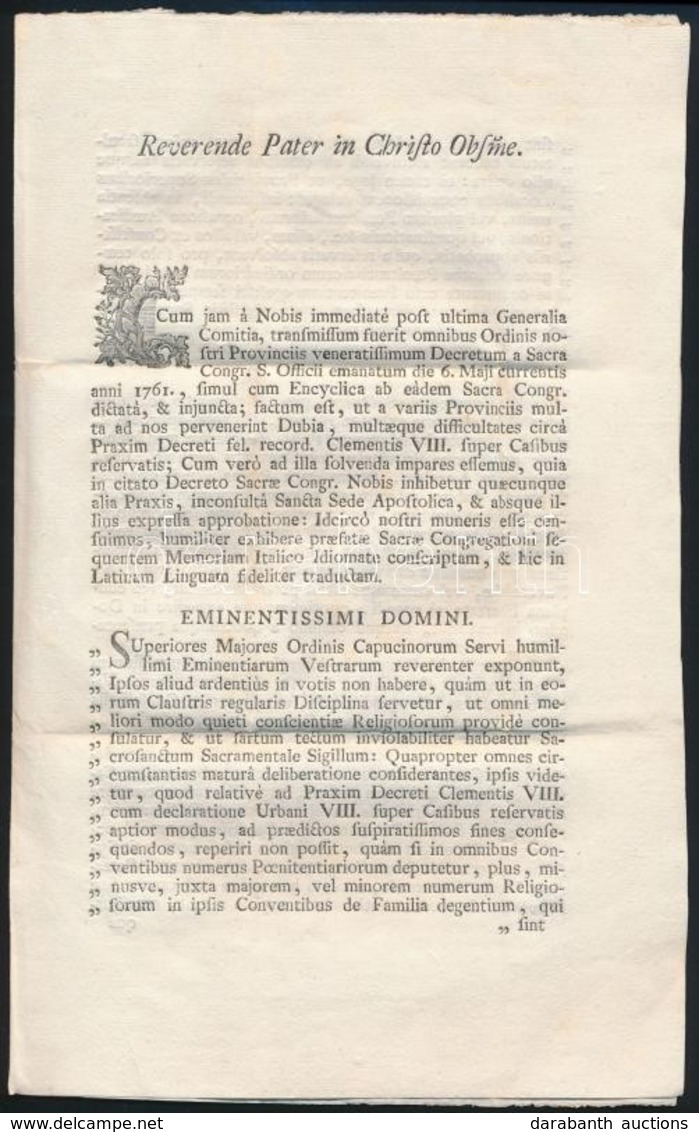 1761 Róma, F. Paulus A Colindres Latin Nyelvű Nyomtatott Egyházi Levele, Kézírásos Bejegyzéssel 3 P. - Unclassified