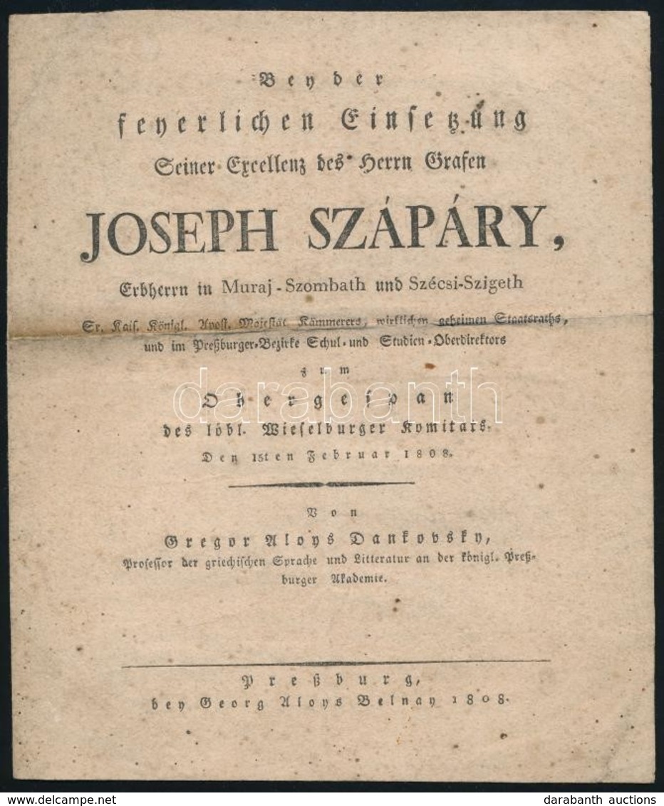1808 Gróf Szapáry Józsefet Dicsőítő Költemény. 4p. Pozsony, 1808. - Ohne Zuordnung