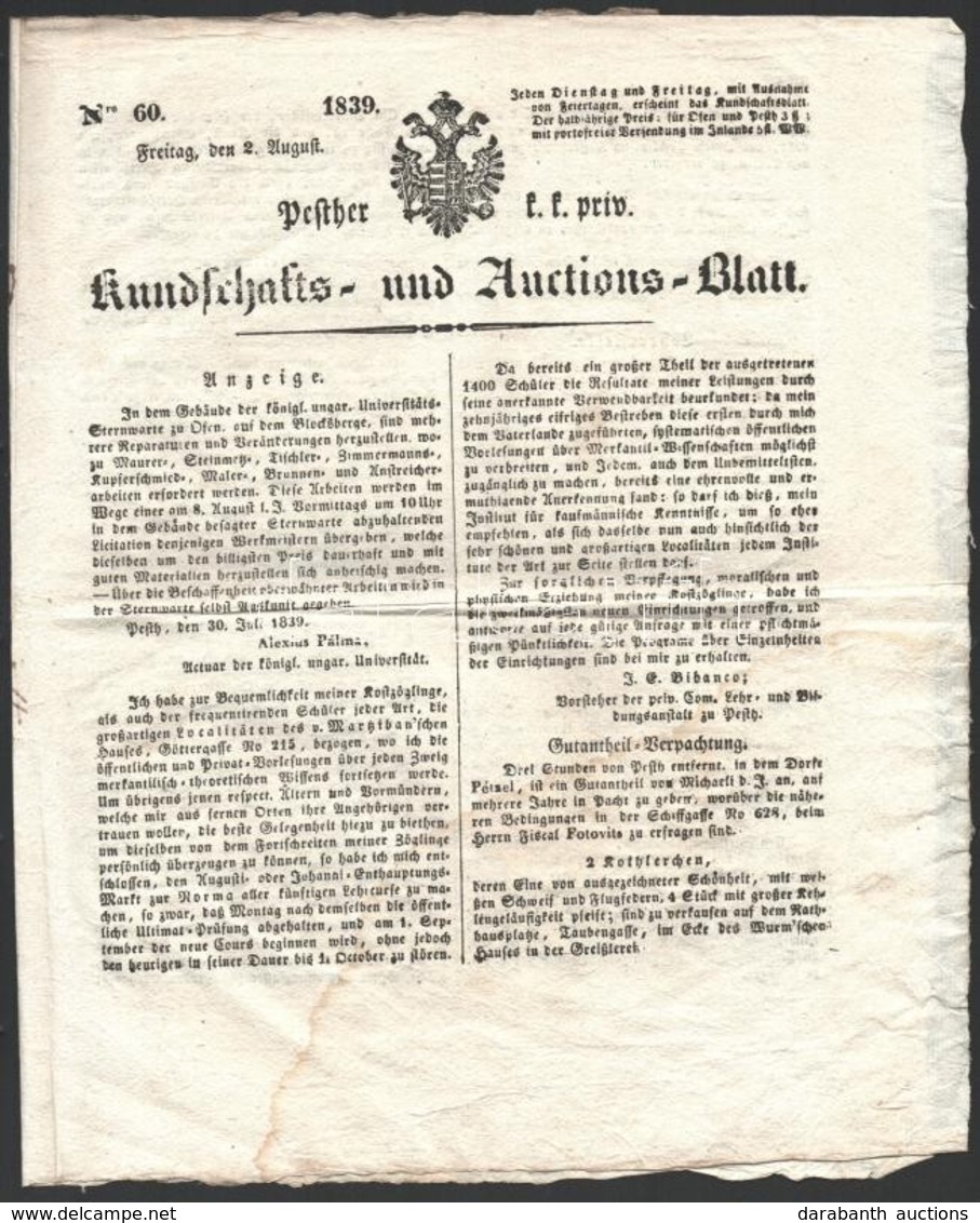 1839 Pesther K.k. Priv. Kundschafts- Und Auctions-Blatt Nr. 60. Száma - Ohne Zuordnung