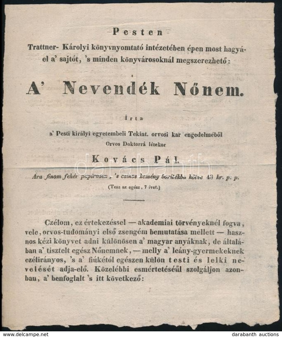 Cca 1840 Kovács Pál: A Nevendék Nőnem C. Könyvénet 2 Db Reklám Nyomtatványa. - Ohne Zuordnung