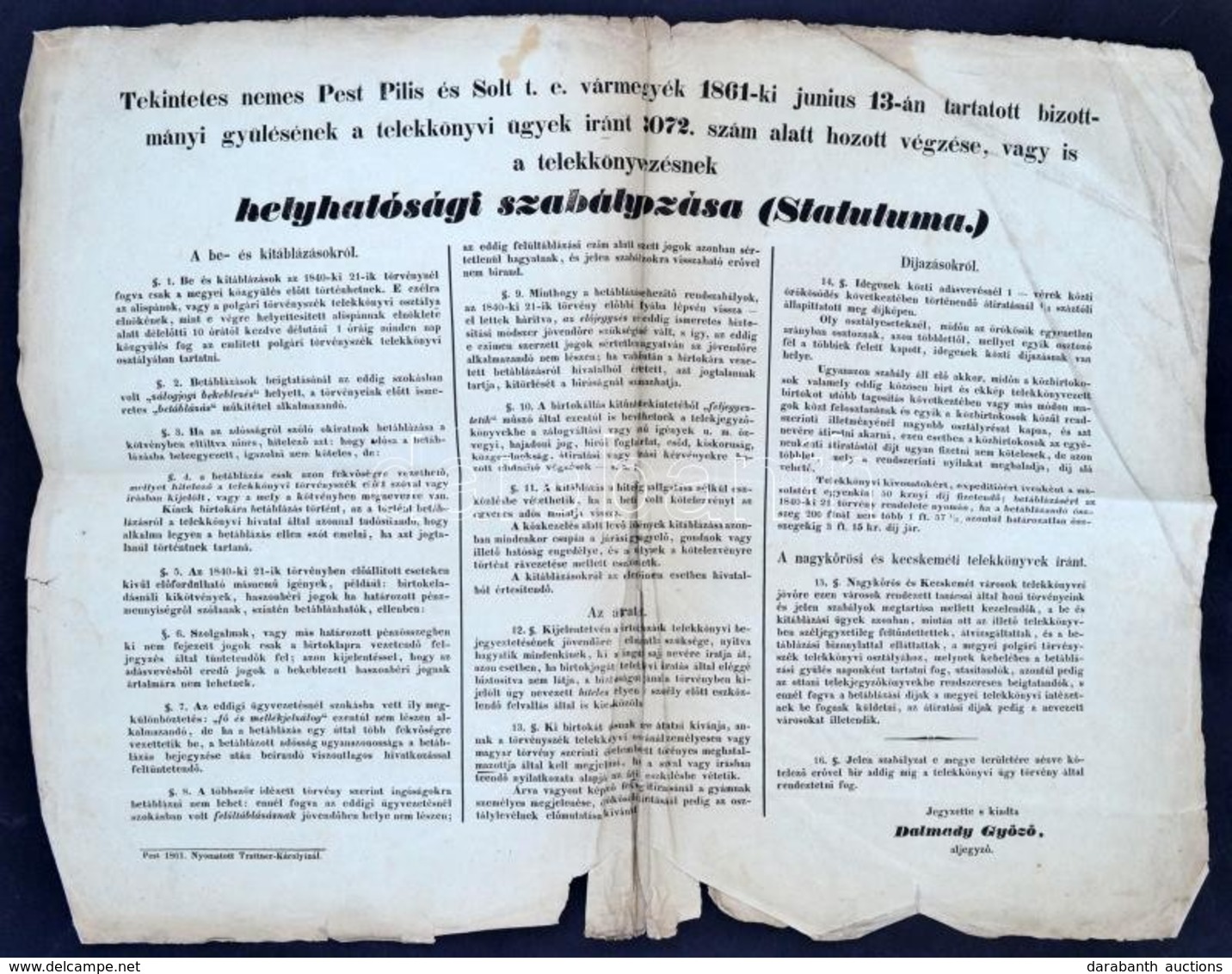 1861 Pest, Telekkönyvezés Helyhatósági Szabályozásával Kapcsolatos Hirdetmény - Ohne Zuordnung