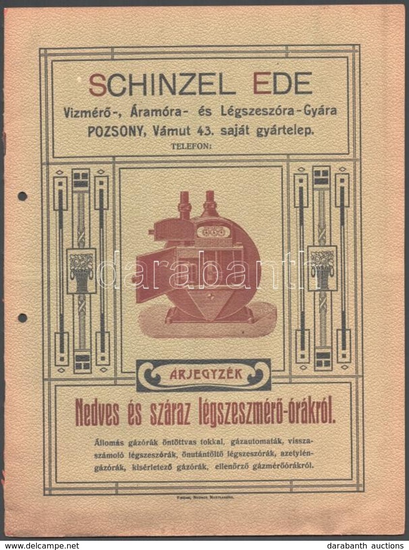 1909 Pozsony, Schinzel Ede Vízmérő-, Áramóra- és Légszeszóra-Gyára árjegyzéke, Lyukasztott, 14p - Unclassified