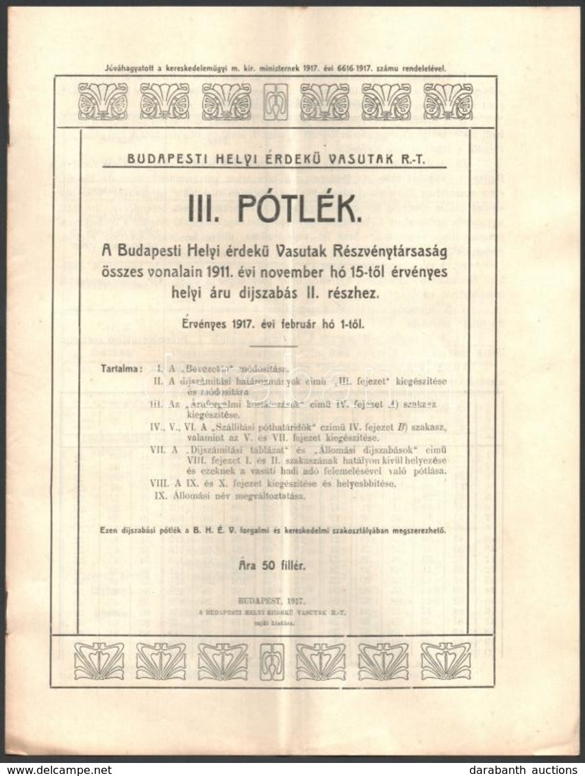 1917 Budapesti Helyi Érdekű Vasutak Rt. III. Pótlék A Helyi Díjszabáshoz, 7p - Unclassified