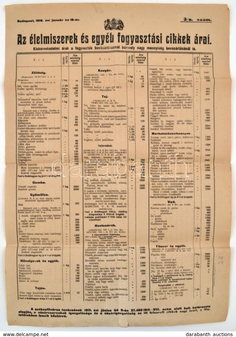 1918 Bp., Az élelmiszerek és Egyéb Fogyasztási Cikkek árai Hirdetmény, Szakadással, 47×32 Cm - Unclassified