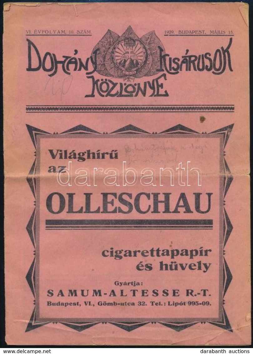 1929 Dohánykisárusok Közlönye. VI. évf. 10. Sz. 1929. Május 15. Laptulajdonos: Dohánykisárusok Országos Szövetsége. Szer - Unclassified