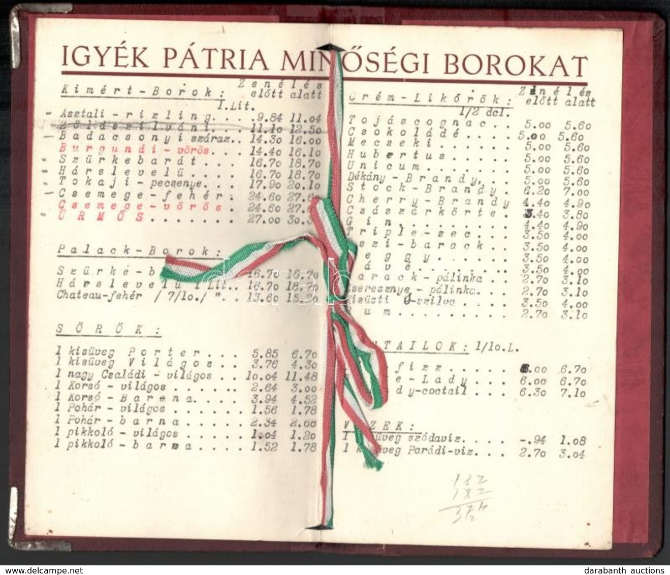 Cca 1930 Pátria Borkereskedelmi Rt. Borlap. 'Igyék Pátria Minőségi Borokat' Egészvászon Kötésben, Díszes Fém Sarokverete - Sin Clasificación