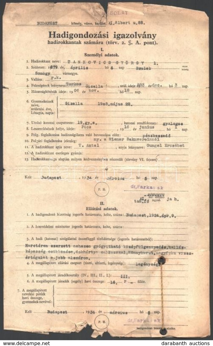 1934 Bp., Hadigondozási Igazolvány Hadirokkantak Számára - Unclassified