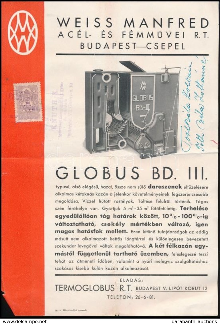 1935 A Weiss Manfréd Acél- és Fémművei Rt. Globus BD. III. Kétaknás Kazán Reklámlapja - Sin Clasificación