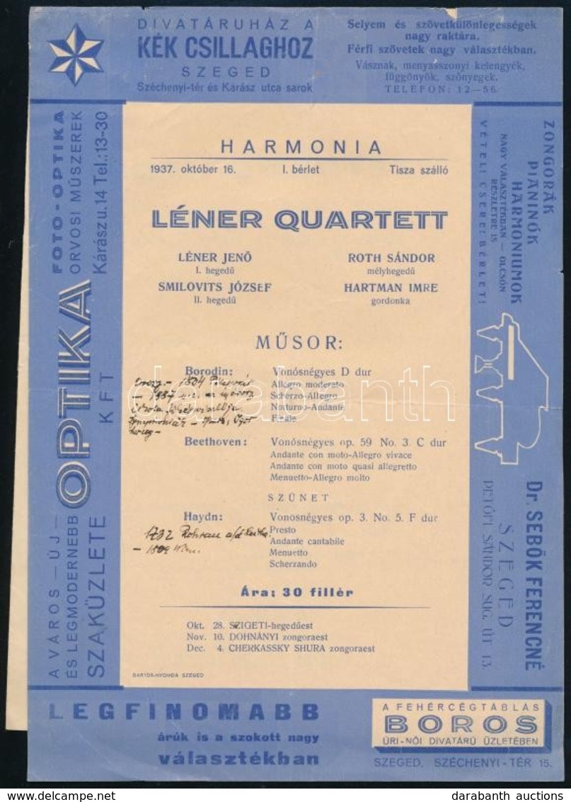 1935-1937 Szeged, Harmonia 4 Db Műsor Prospektusa, A Felső Sarkoknál összeragasztva. - Ohne Zuordnung