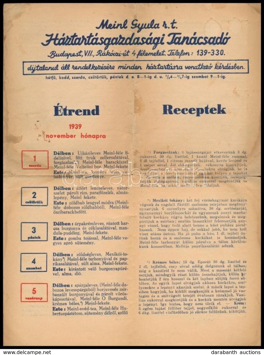 1939 Meinl Gyula Rt. Háztartási Tanácsadója, étrend/receptek, Szakadt, Foltos, 4 P. - Unclassified
