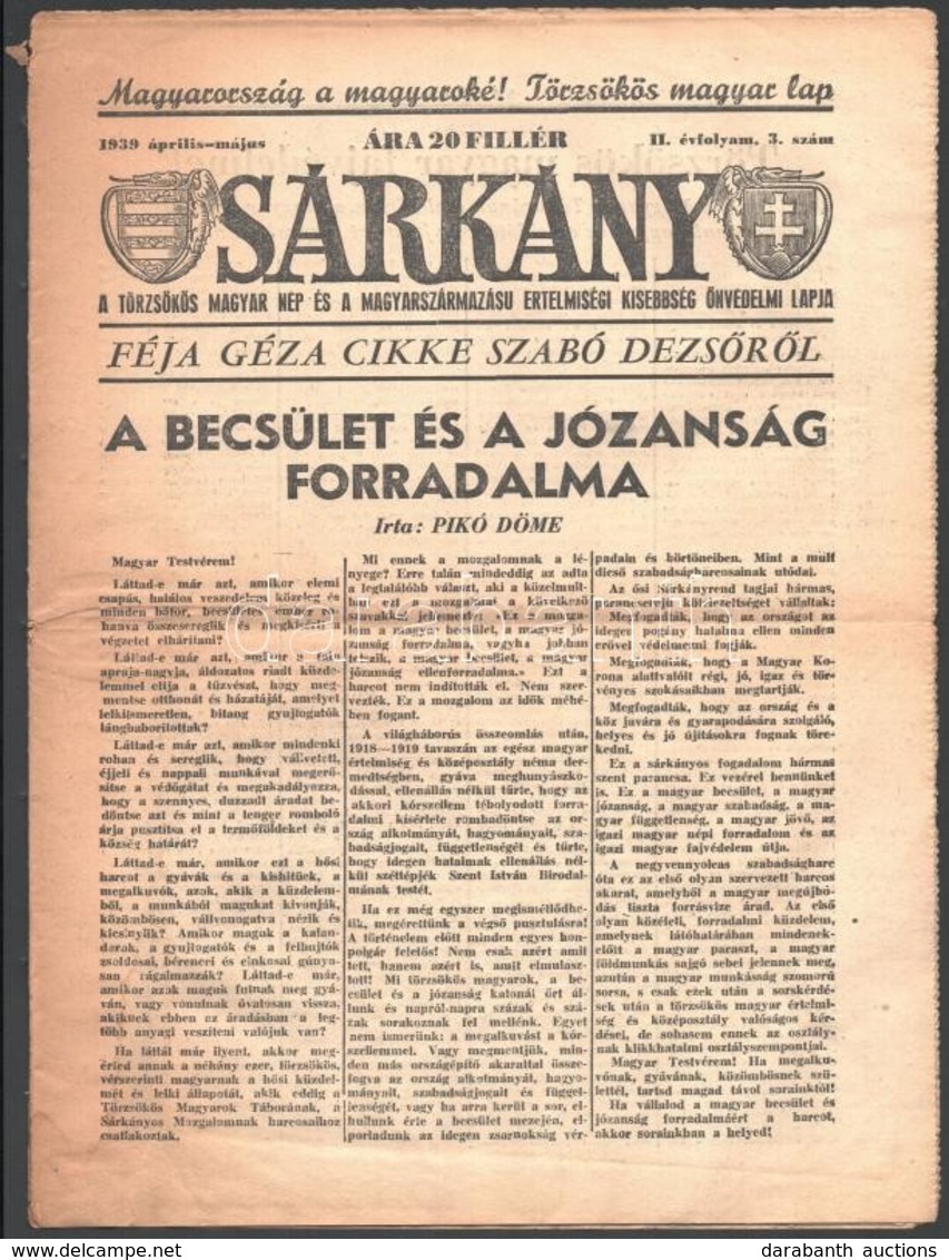 1939 A Sárkány, A Törzsökös Magyar Nép és Magyar Származású értelmiségi Kisebbség önvédelmi Lapja II. évfolyam 3. Szám,  - Ohne Zuordnung