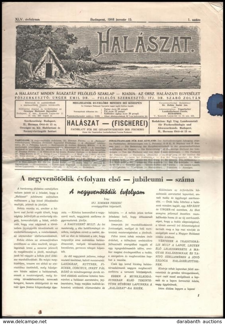 1944 Bp., Halászat, A Halászat Minden ágazatát Felölelő Szaklap, XLV. évfolyam 1. Szám, Tintafolttal, 15 P. - Sin Clasificación