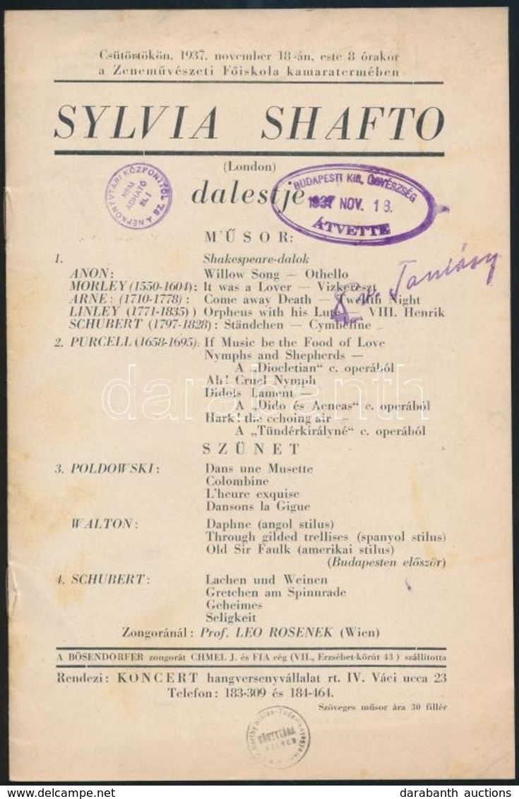 1935-1938 Vegyes Zenei Műsorfüzet Tétel, 6 Db: Erica Morini, Nathaniel Milstein, Faragó György, Slyvia Shafto, Marie-Thé - Sonstige & Ohne Zuordnung