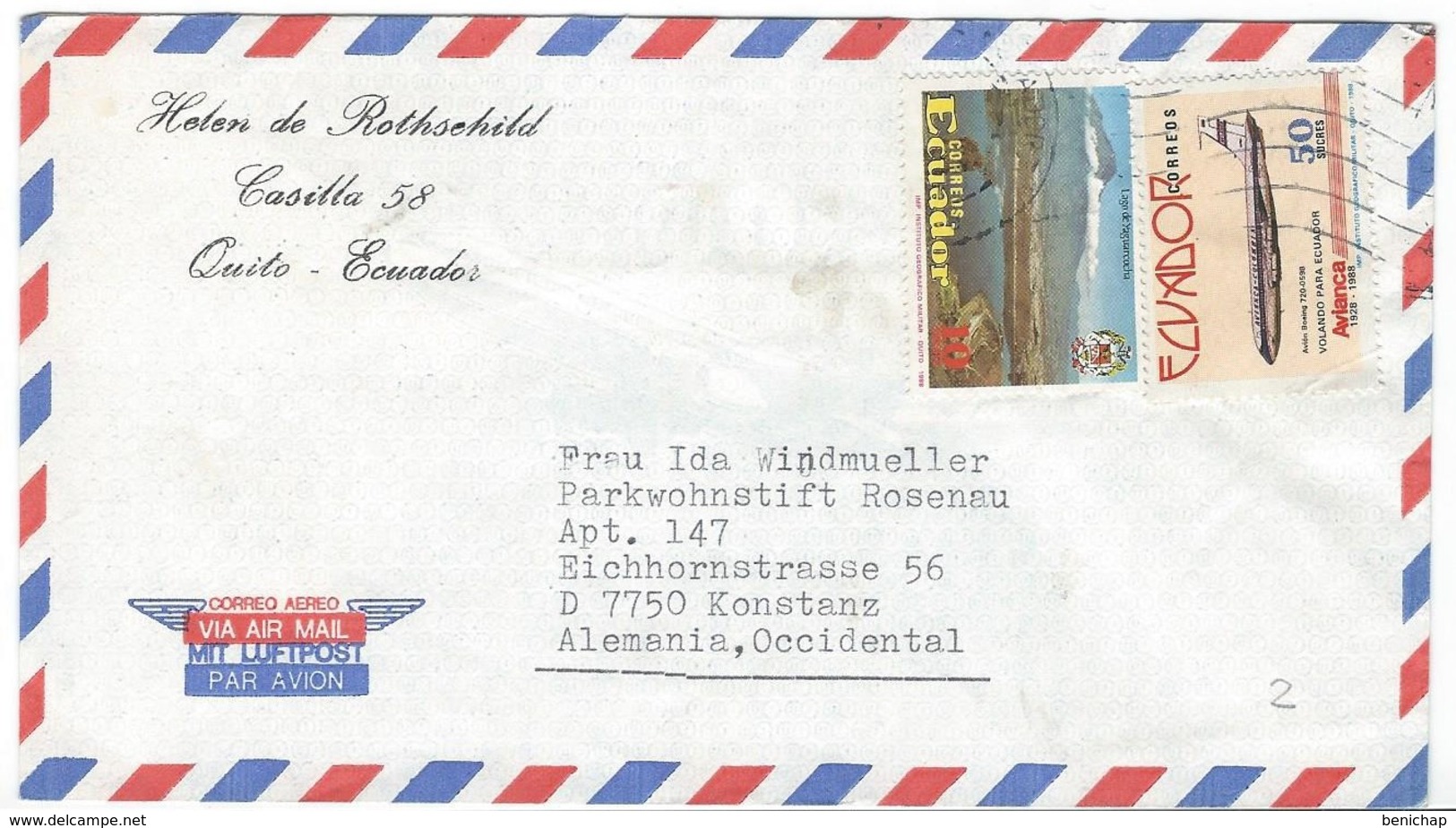 COVER CORREO AERO - VIA AIR MAIL - QUITO - KONSTANZ - ALEMANIA - HELEN De ROTHSCHILD. - Equateur