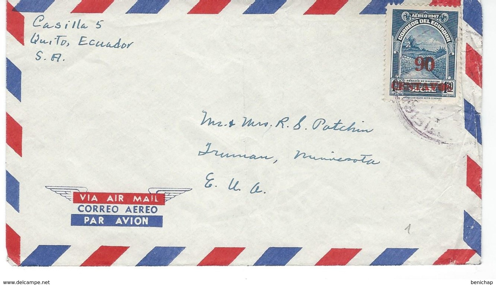 COVER CORREO AERO - VIA AIR MAIL - QUITO - TRUMAN - MINNESOTA - Ecuador