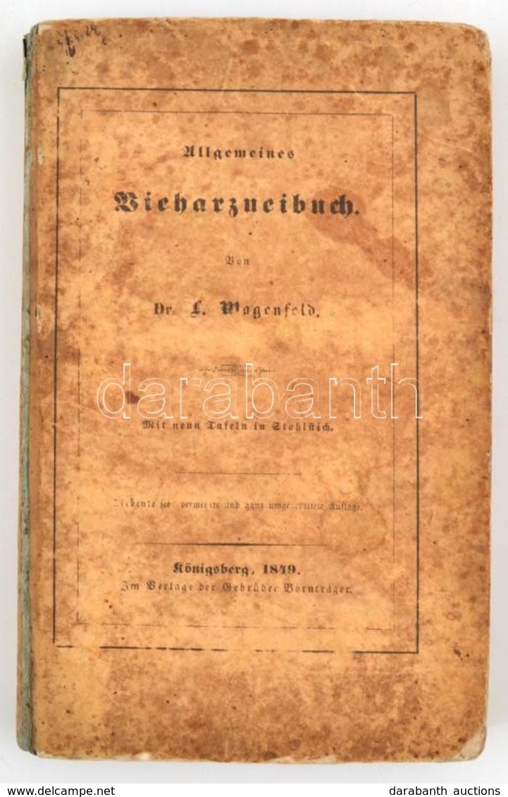 Dr L Wagenfeld:  Allgemeines Vieharzneibuch. Königsberg, 1849. Gebr. Bornträger. Háziállatok és Haszonállatok, Lovak Bet - Ohne Zuordnung