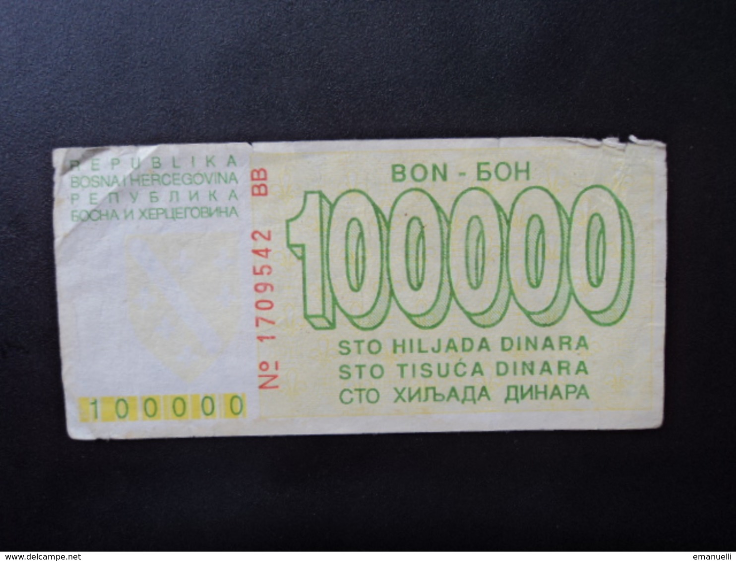 .BOSNIE HERZÉGOVINE :  100 000 DINARA   1.8.1993     P 31       B+ - Bosnia Erzegovina