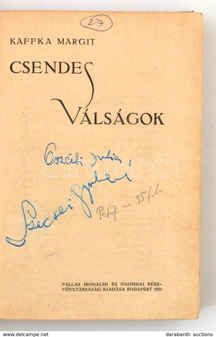 Kaffka Margit: Csendes Válságok. Bp., 1920, Pallas, 352 P. Első Kiadás. Kiadói Egészvászon-kötés, Kopott Borítóval, A Cí - Unclassified