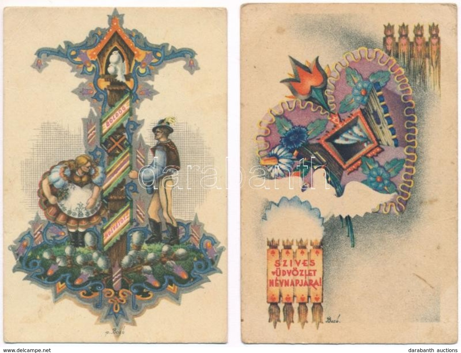 ** * 2 Db RÉGI Magyar Bozó üdvözlőlap / 2 Pre-1945 Hungarian Greeting Art Postcards Signed By Bozo - Unclassified