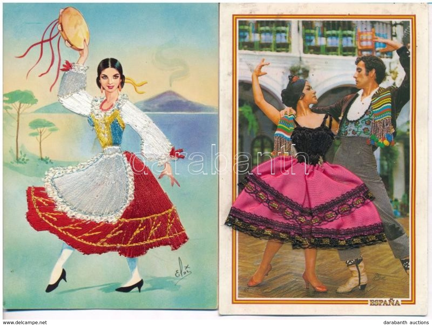 ** * 2 Db MODERN Spanyol Hímzett Népviseletes Néptáncos Motívum Képeslap / 2 Modern Spanish Embroidered Folklore Motive  - Unclassified