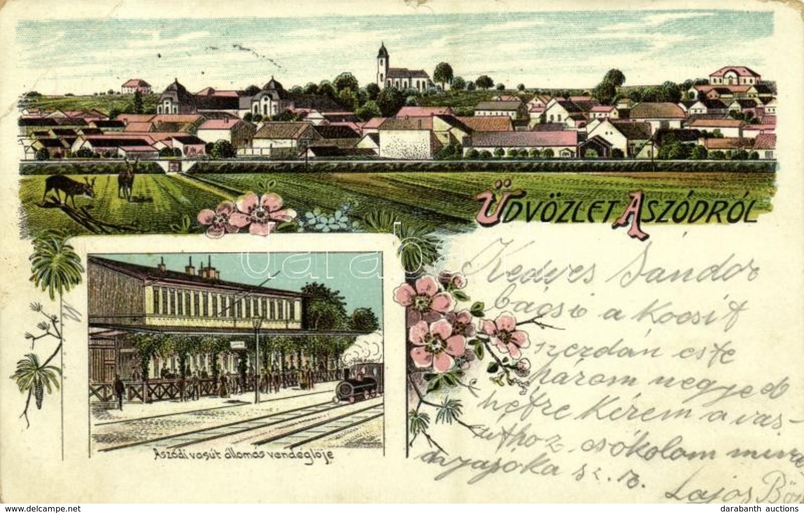 T3 1904 Aszód, Vasútállomás Vendéglője, Gőzmozdony. Art Nouveau, Floral, Litho (EB) - Ohne Zuordnung