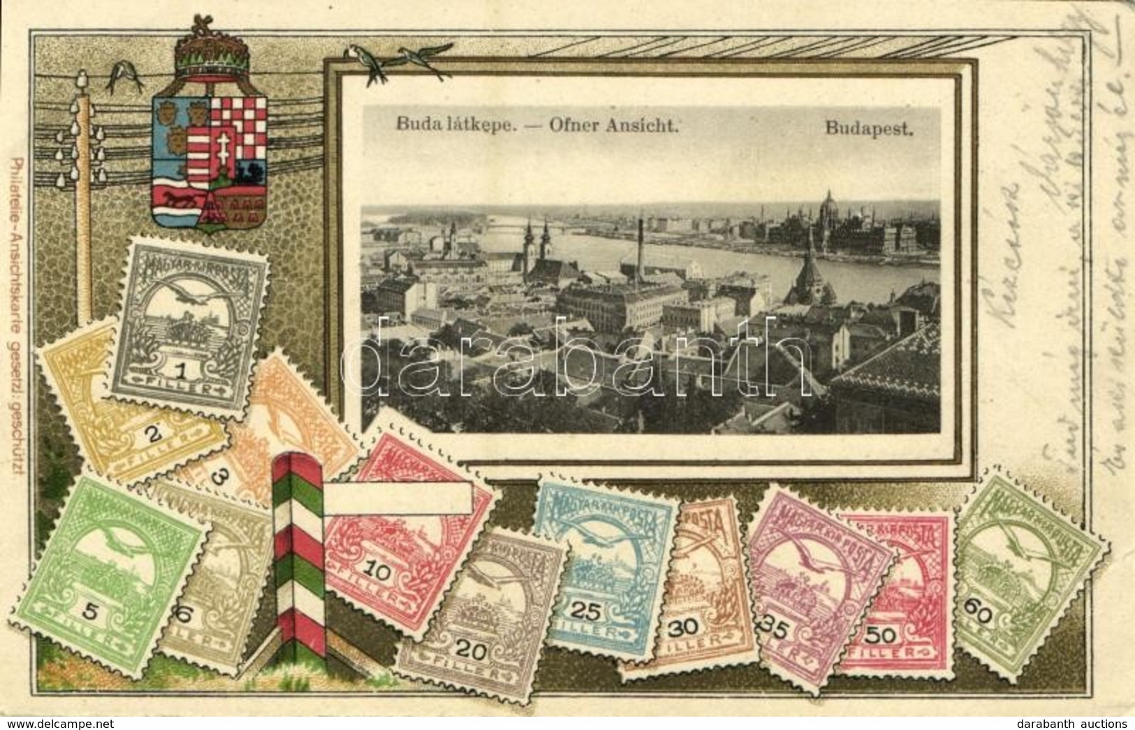T2/T3 1905 Budapest I. Buda Látképe. Címeres és Magyar Bélyeges Díszes Képeslap. Philatelie-Ansichtskarte Litho (EB) - Unclassified