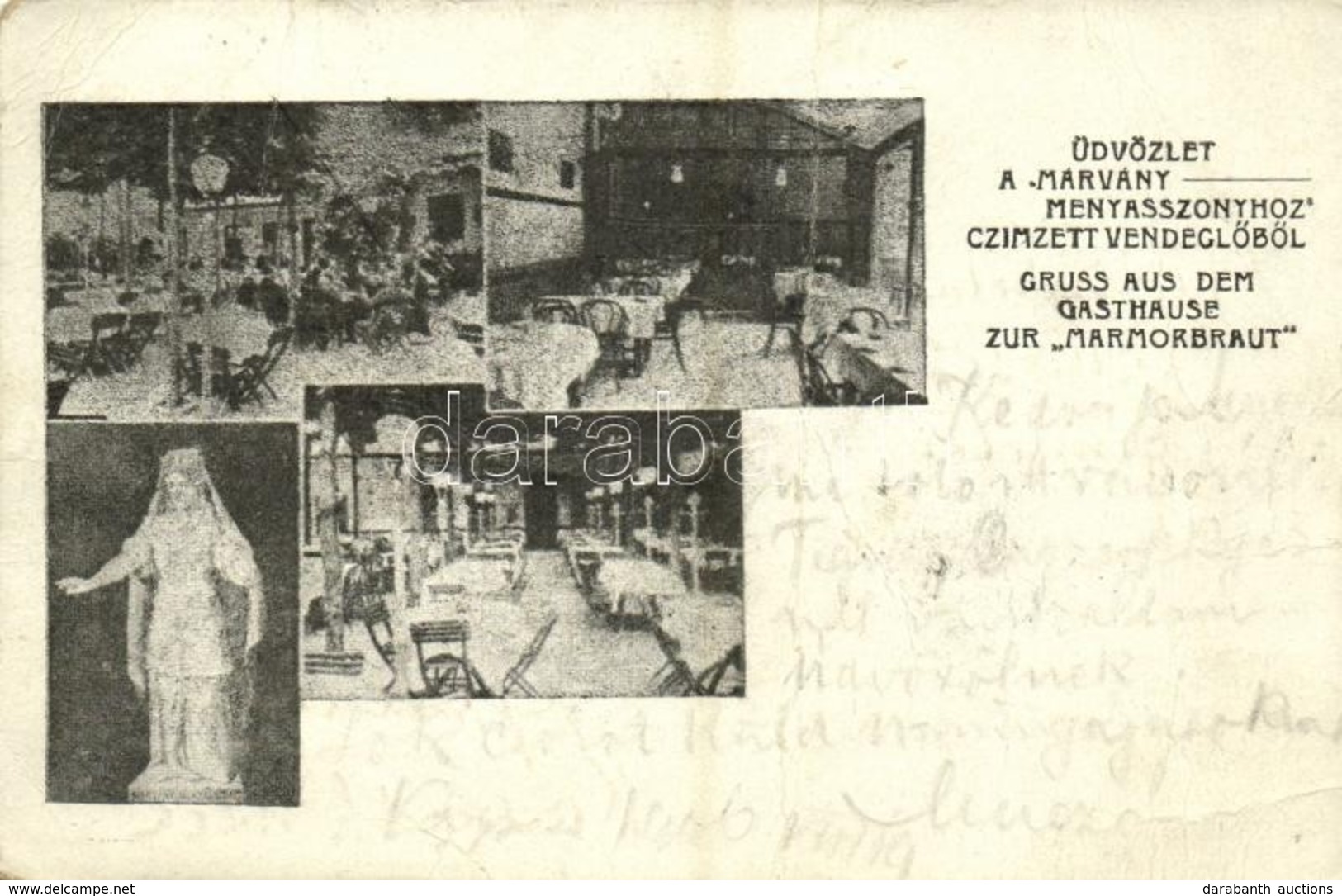 * T4 1906 Budapest I. Üdvözlet A 'Márvány Menyasszonyhoz' Címzett Vendéglőből, étterem Belső, Kert Vendégekkel (fa) - Ohne Zuordnung