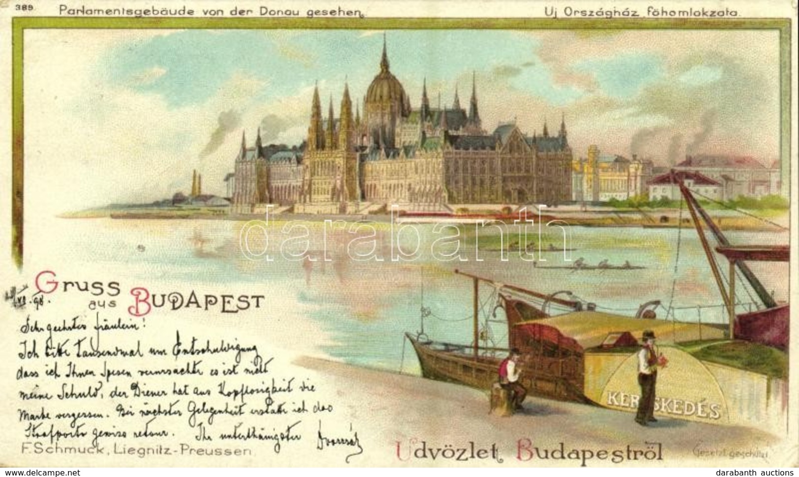 T2/T3 1898 Budapest V. Új Országház Főhomlokzata, Pesti Rakpart 'Kereskedés' Hajóval. F. Schmuck Litho  (EK) - Unclassified