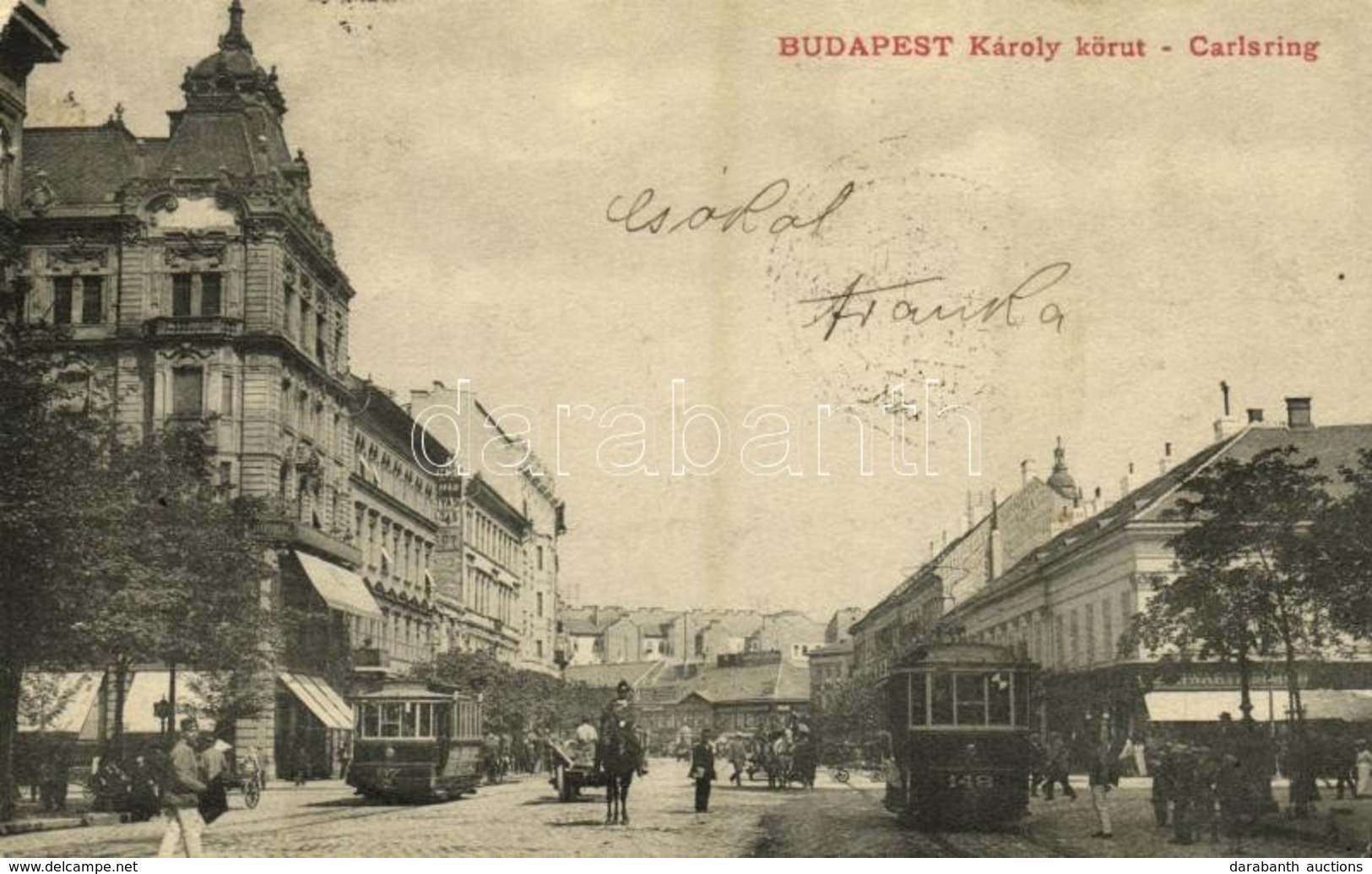 T2/T3 1906 Budapest V. Károly Körút, Villamos, Schwartz Simon üzlete, Duna Gyógyszertár, Lovasrendőr (EK) - Unclassified