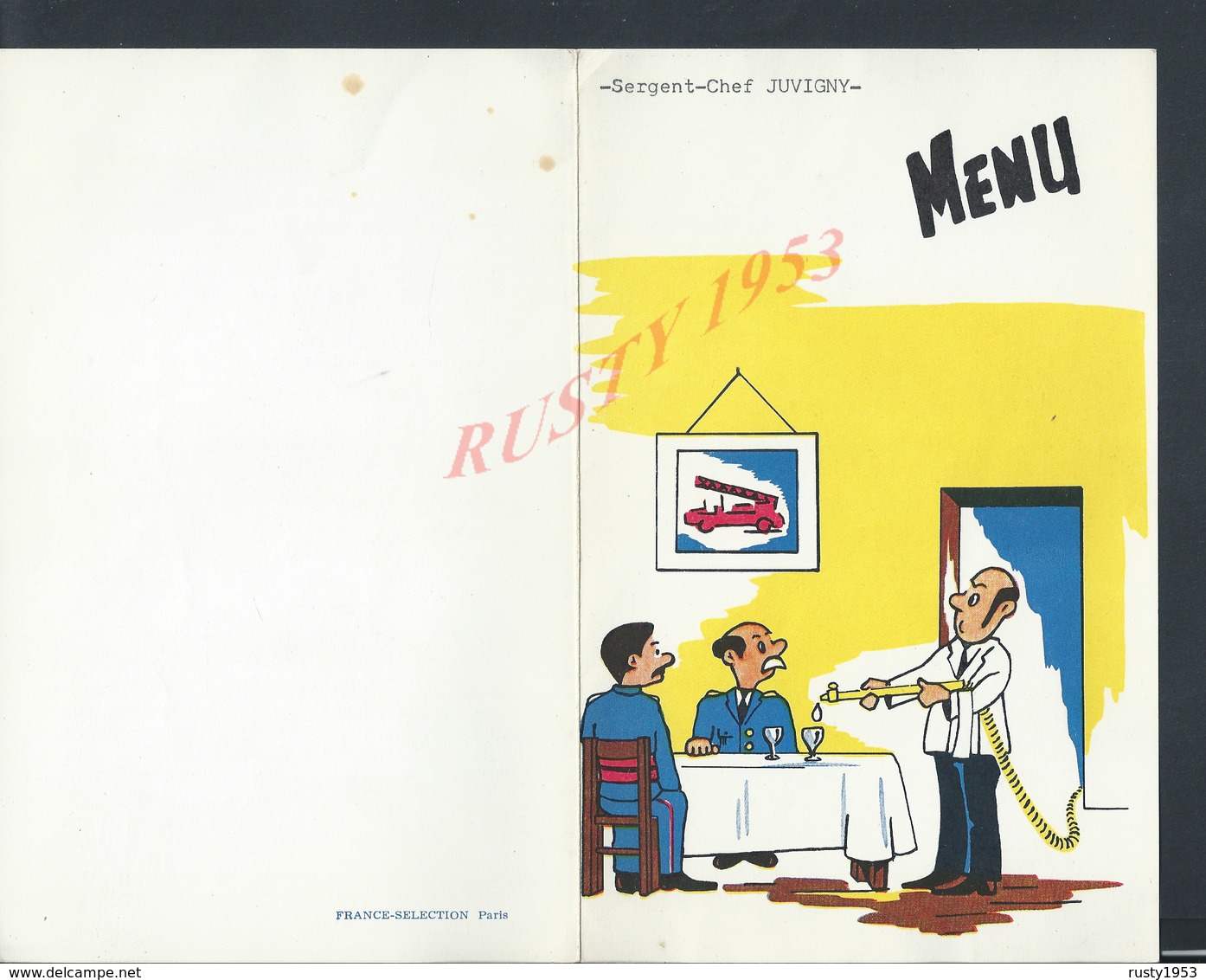 MILITARIA MENU POMPIERS SAINTE BARBE 1967 SERGENT CHEF JUVIGNY AUBERGE DES 4 FILS AYMON COUILLY PONT AUX DAMES : - Pompiers